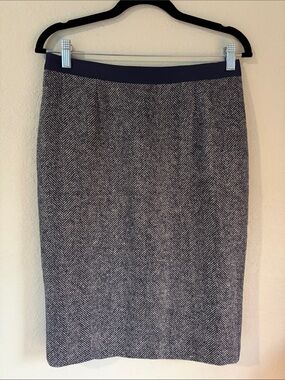 Vintage Boden Gray Herringbone Pencil Skirt with Navy Waistband 10R